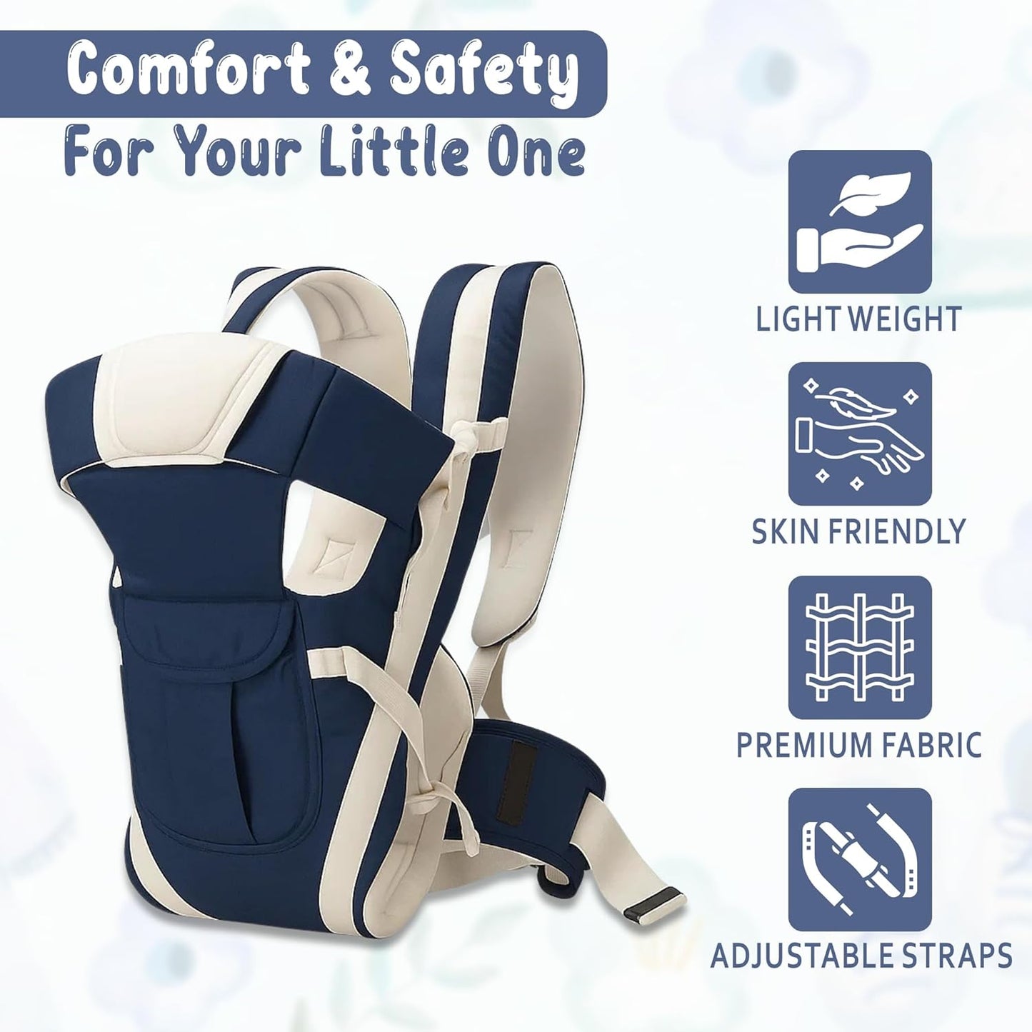 ilvora Infant& Child Holder Carrier Kangaroo Bag, Pack of 1 Navy Blue Colour, Baby Carrier Bag, Ergonomic & Soft Lightweight with Storage Pockets, Comfortable Baby Backpack for Newborn & Toddlers