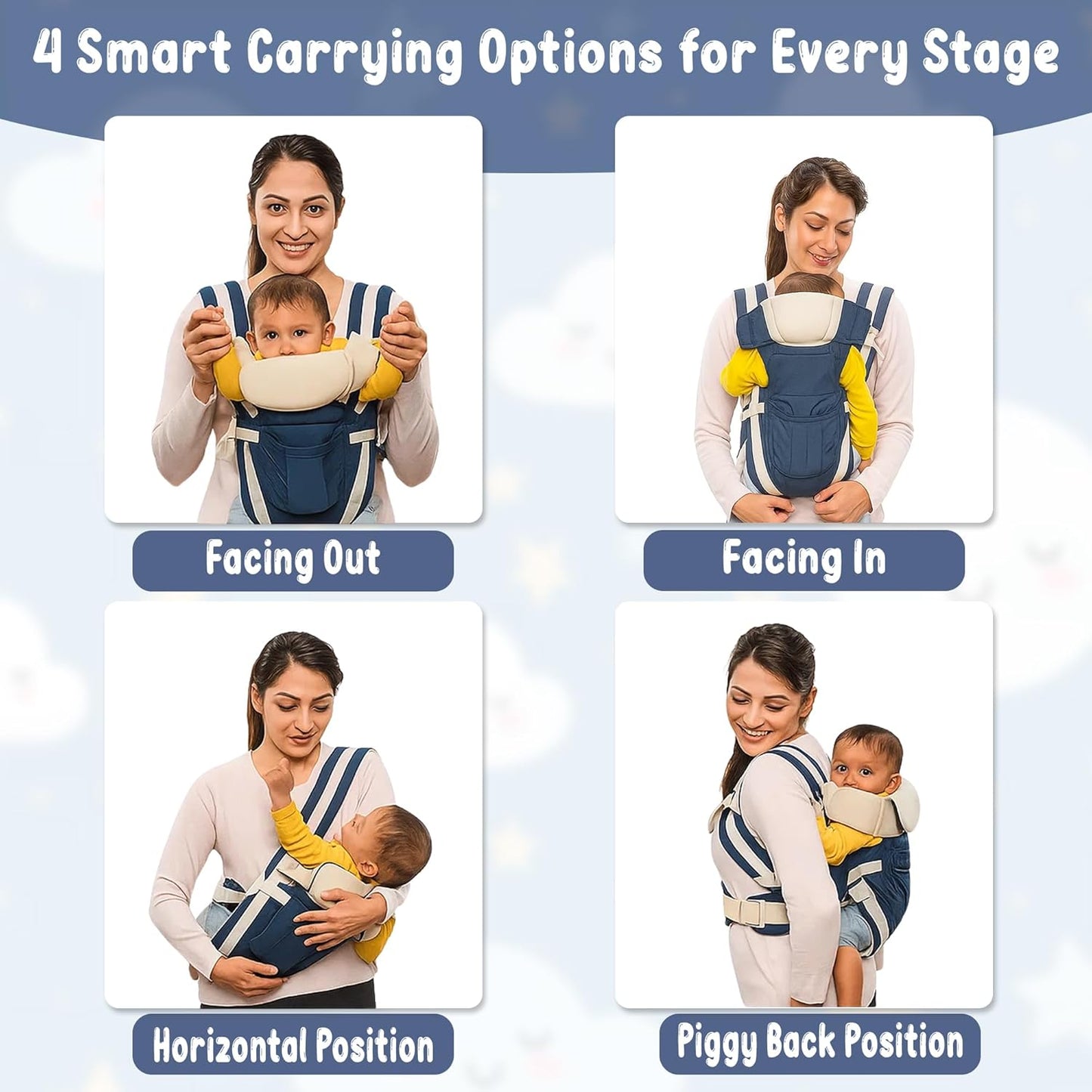 ilvora Infant& Child Holder Carrier Kangaroo Bag, Pack of 1 Navy Blue Colour, Baby Carrier Bag, Ergonomic & Soft Lightweight with Storage Pockets, Comfortable Baby Backpack for Newborn & Toddlers